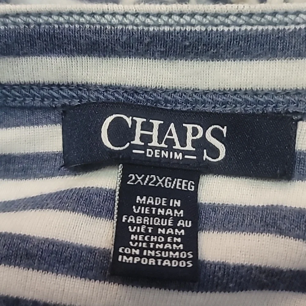 Chaps Denim brand pullover 3/4 sleeve blue white striped boatneck shirt size 2X - Picture 8 of 13